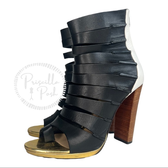 Christian Louboutin Strappy Boot Sandal 38 black White Gold Block Heel - Picture 8 of 14